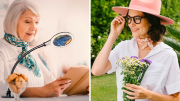 two images of women using a magnifying glass and wearing glasses