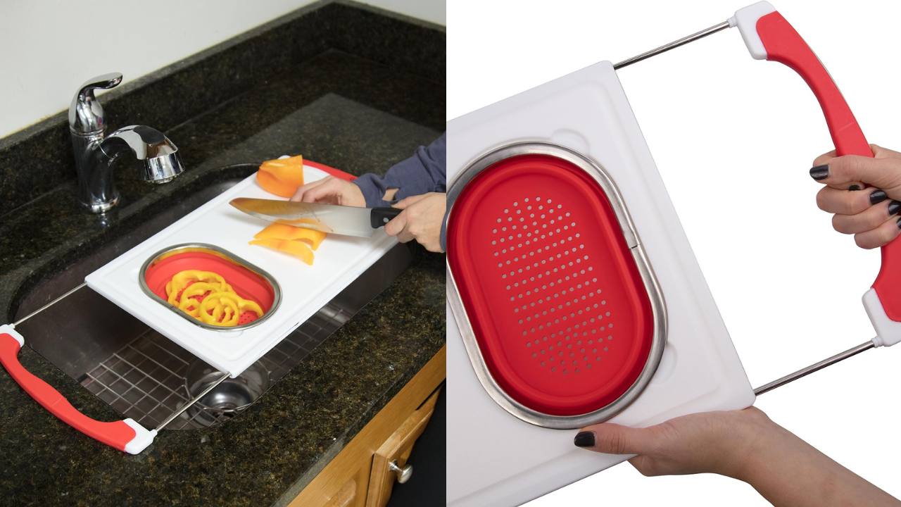 dual image. Left shows a sink and kitchen counter with a two-in-one strainer and cutting board. The right side shows a close up of a red and white strainer/cutting board.