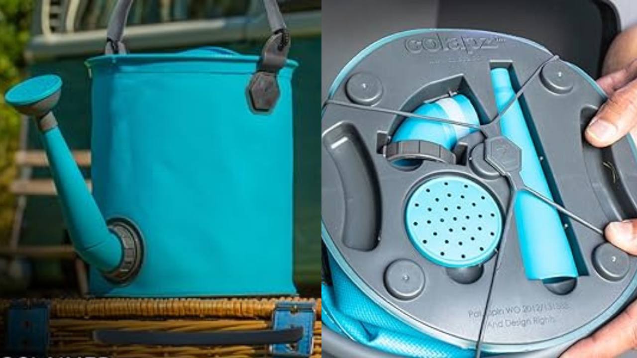 dual image. left side is a close im image of a turquoise blue watering can. Right image shows the bottom of the can that stores attachments.