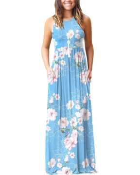 GRECERELLE Women's Sleeveless Racerback Maxi Dress Floral Print Casual Long Dresses with Pockets