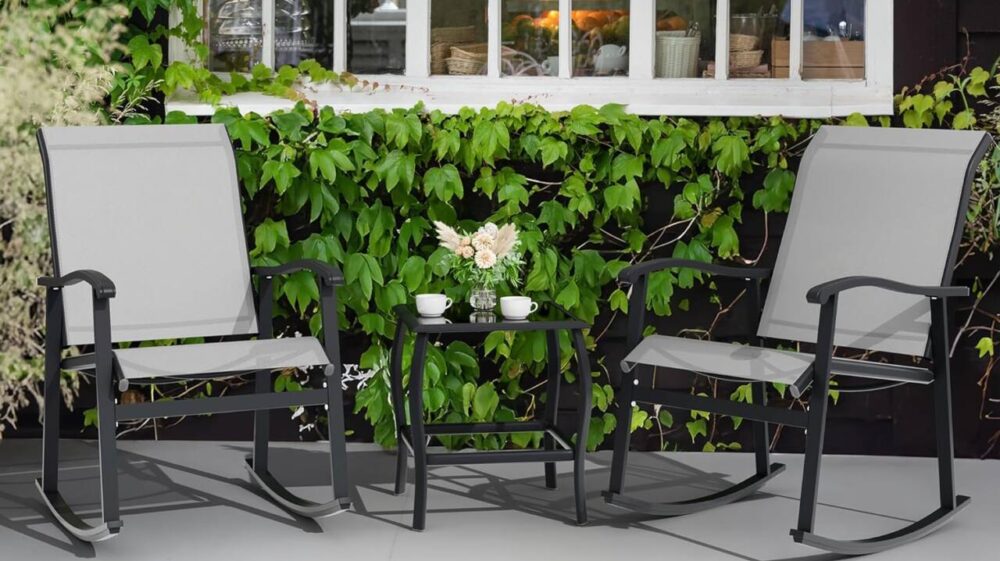 outdoor furniture sets - two black and grey rocking chairs with small center table