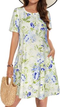 Summer Dresses for Women Casual Tshirt Short Sleeve Floral Sundress Beach Cover Ups with Pockets