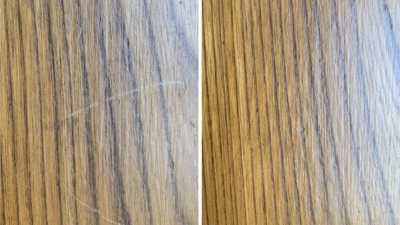 before and after of wood scratches