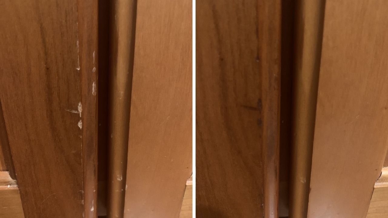 before and after image of treated scratches on wood