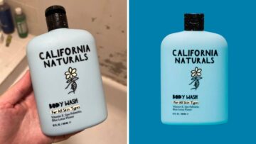 A person holds a bottle of California Naturals Body Wash, and a bottle of body wash is against of a blue background.
