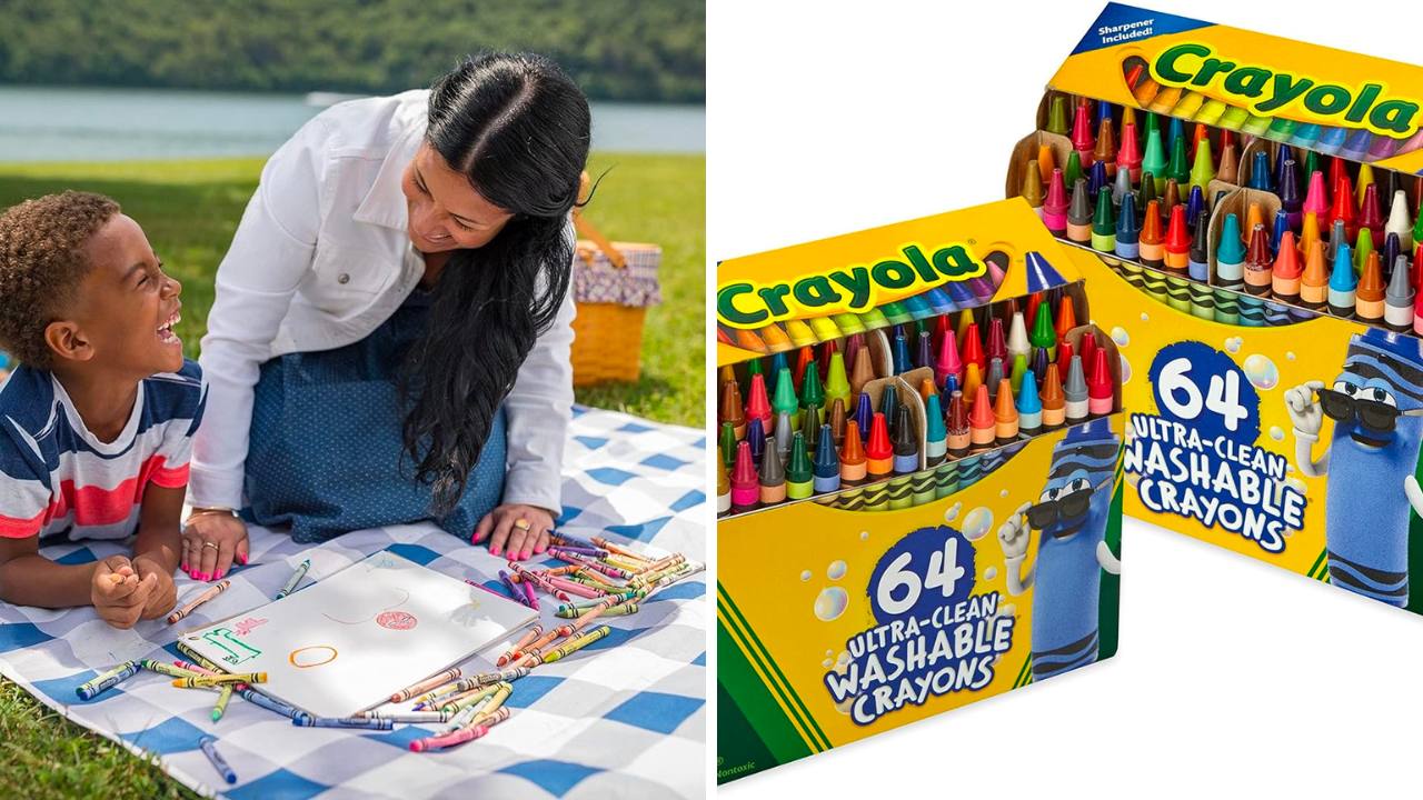 A woman and child color with crayola crayons