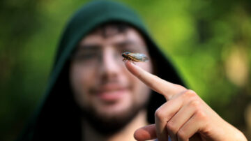 man holding cicada