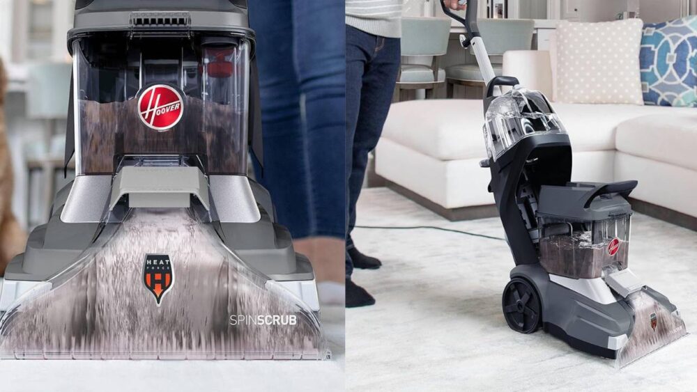 Dula image of cult classic products - left image shows a close up of the hoover vacuum. Right image shows the hoover vacuum in use.