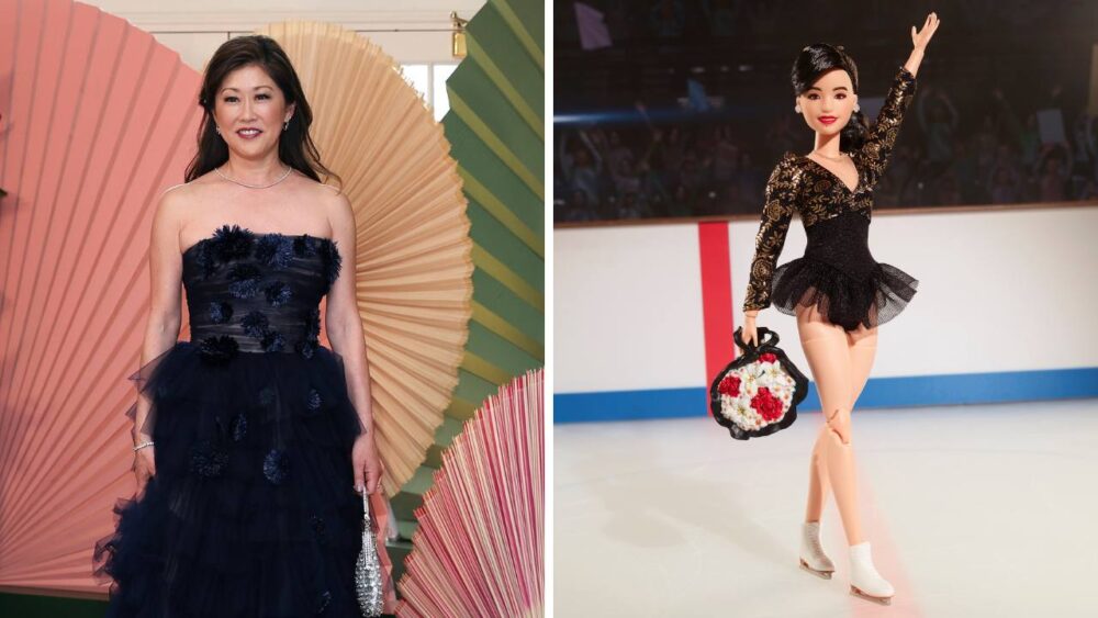 Kristi Yamaguchi, left, has a new Barbie, right