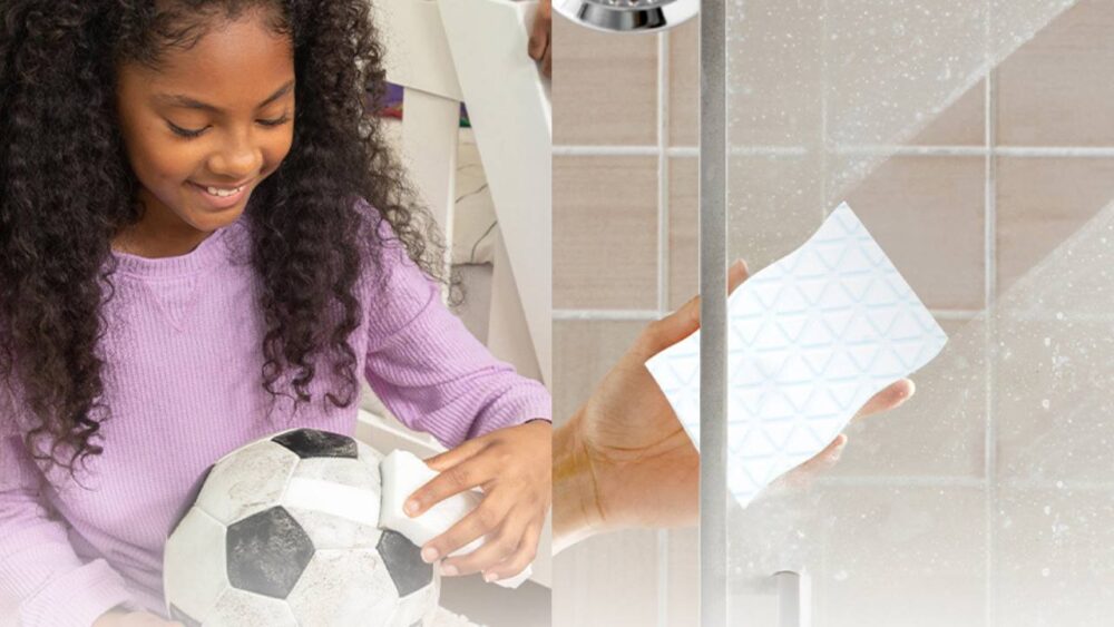 dual image: left shows a girl cleaning a soccer ball with a Mr. clean erase sponge. Right image shows the mr clean sponge cleaning a shower door
