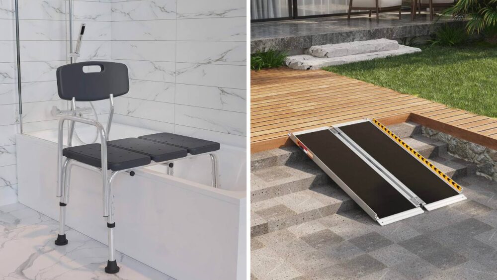 A shower chair is set up in a bathroom, and a ramp is installed outside of a home.