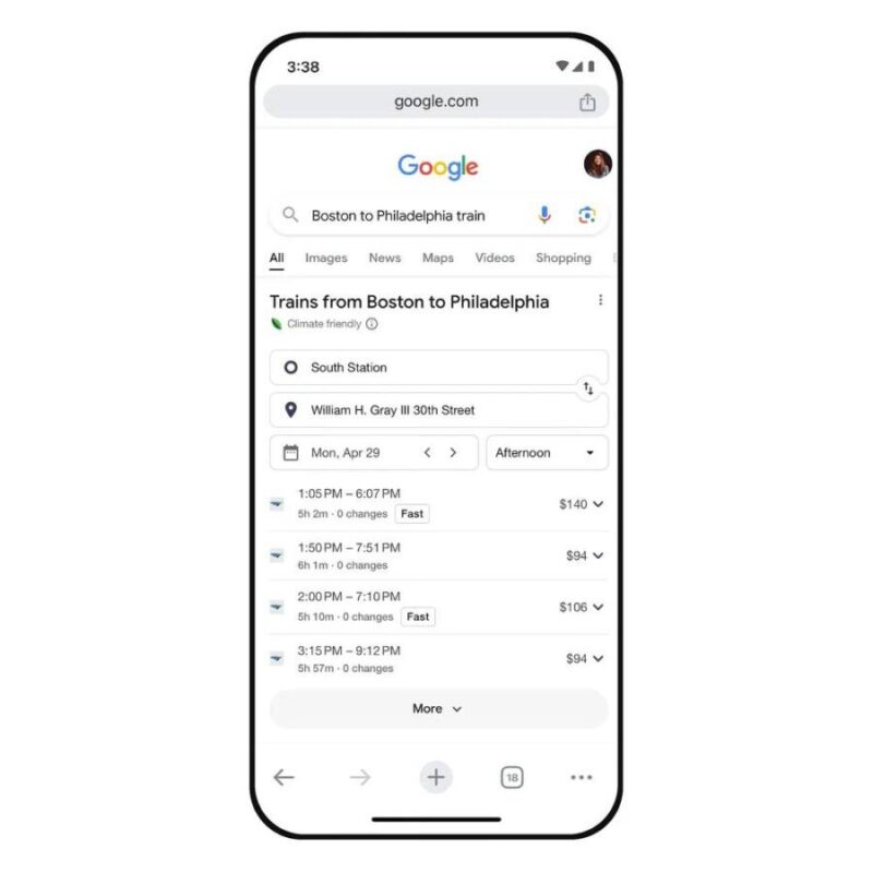 Google trains search now shows schedule, prices